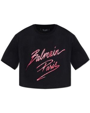 Balmain Logo Printed Cropped T-Shirt - Black