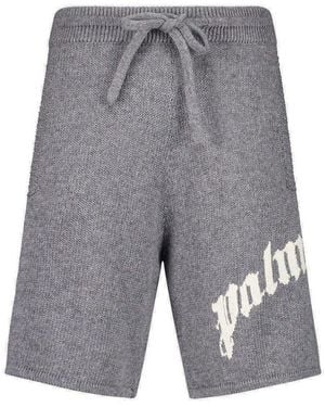 Palm Angels Curved Logo Embroidered Knitted Shorts - Grey