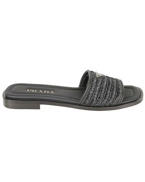 Prada Logo Plaque Square Toe Sandals - Black