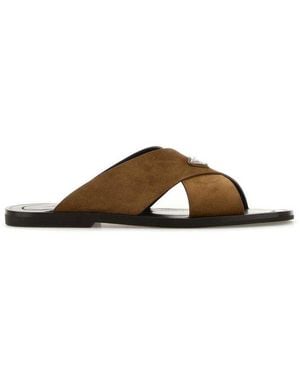 Prada Triangle-Logo Criss-Cross Slides - Brown