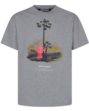 【PALM ANGELS】Broken Farm Tree Short Sleeve T-shirt Palm Angels Broken Palm Print Cotton Jersey T-shirt In Blue