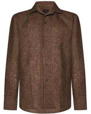 Brioni Long Sleeved Slub-Texture Shirt - Brown