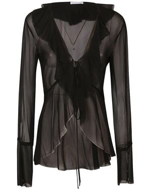 Patrizia Pepe V-Neck Ruffled Chiffon Blouse - Black