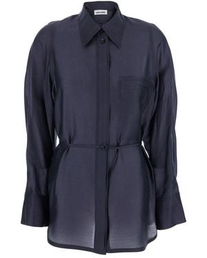 Low Classic Shirt With Collar And Waist Belt - Blue