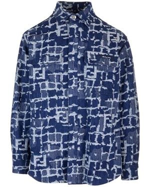 Fendi Logo Detailed Distressed Denim Jacket - Blue