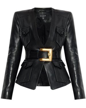 Balmain 1-Button Belted Leather Jacket - Black