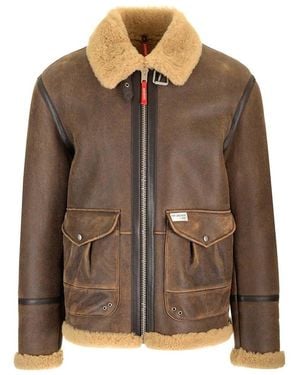 Fay Shearling Zip-Up Leather Jacket - Brown