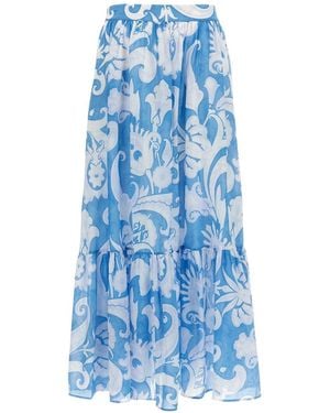 Etro Floral Printed Elastic Waist Midi Skirt - Blue