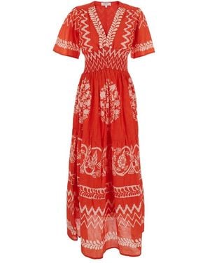 Rene' Derhy V-Neck Graphic Print Long Dress - Red