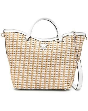Guess Atalia Woven Logo Plaque Handbag - Natural