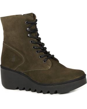 Fly London Suede Wedge Heel Boots - Green
