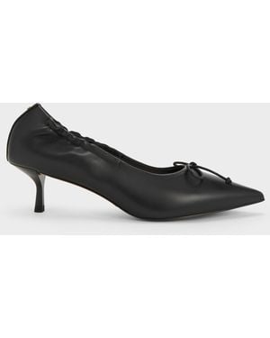 Charles & Keith Leather Ruched Pointed Kitten Heels - Black