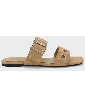 Charles & Keith Faux Suede Grommet Buckled Slides - White