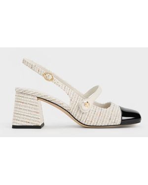 Charles & Keith Aeryn Tweed Pearl-embellished Slingback Court Shoes - Natural