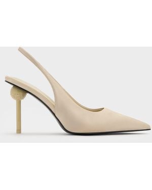 Charles & Keith Satin Crystal Ball-Heel Slingback Court Shoes - White