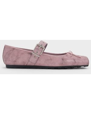 Charles & Keith Myler Crinkle-Effect Bow Square-Toe Buckled Mary Janes - Pink