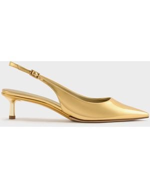Charles & Keith Curtis Metallic Pointed-Toe Kitten-Heel Slingback Pumps - Natural