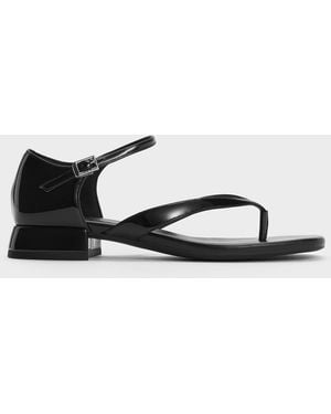 Charles & Keith Patent Block-Heel Ankle-Strap Thong Sandals - White