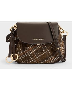 Charles & Keith Britton Chequered Ruched Saddle Bag - Brown