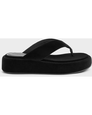 Charles & Keith Velvet Flatform Thong Sandals - Black
