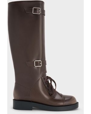 Charles & Keith Burnished Double-Buckle Combat Knee-High Boots - Brown