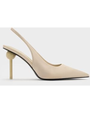 Charles & Keith Satin Crystal-Embellished Ball-Heel Pointed-Toe Slingback Court Shoes - White
