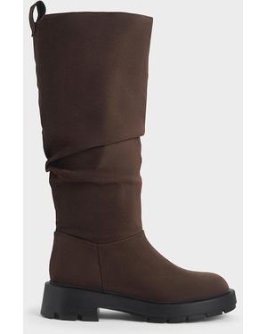 Charles & Keith Faux Suede Ruched Knee-High Boots - Brown