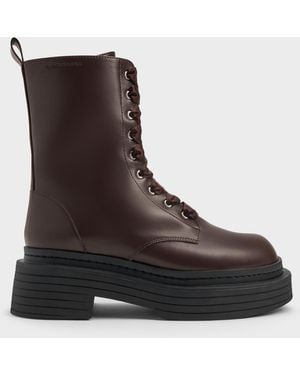 Charles & Keith Satin-Lace Platform Combat Boots - Black