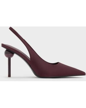 Charles & Keith Satin Crystal-Embellished Ball-Heel Pointed-Toe Slingback Pumps - Purple
