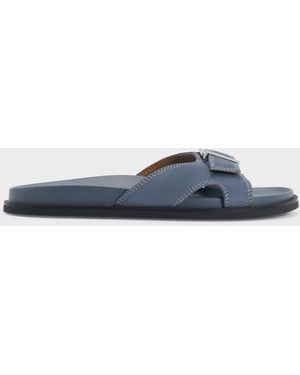 Charles & Keith Faux Suede Stitch-Trim Buckled Slides - Blue