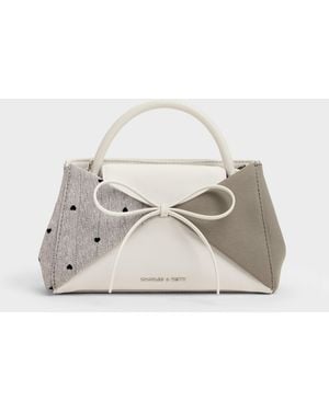 Charles & Keith Hazel Heart-Print Bow Panelled Top Handle Bag - Natural