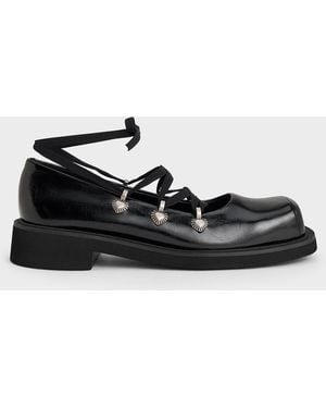 Charles & Keith Heart-Embellished Lace-Up Ballet Flats - Black