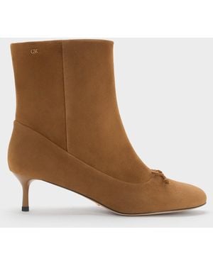 Charles & Keith Aretha Suede Bow Kitten-heel Calf Boots - Brown