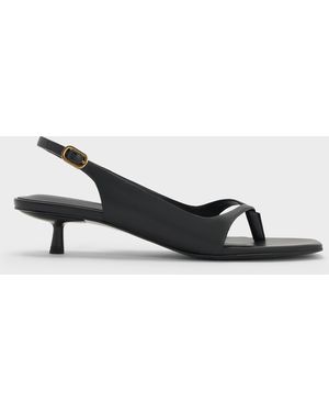 Charles & Keith Rayne Square-Toe Kitten-Heel Thong Slingback Sandals - Black