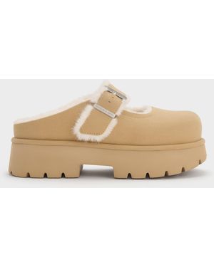 Charles & Keith Bergen Fur-Trim Platform Mules - Natural