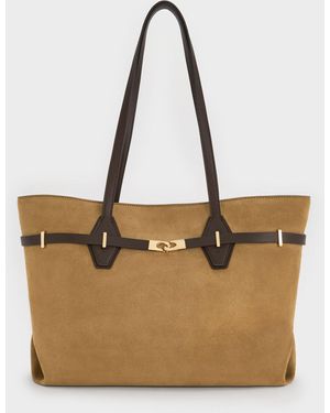 Charles & Keith Arlet Recycled Suede Double-Handle Belted Tote Bag - Natural