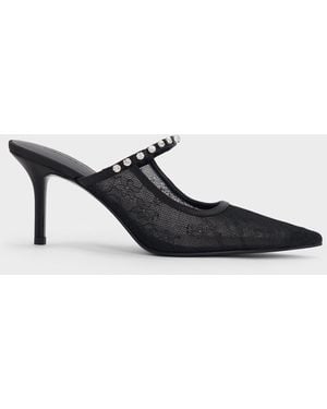 Charles & Keith Lace & Satin Crystal Heeled Mules - Black