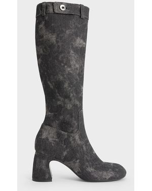 Charles & Keith Denim Block-Heel Knee-High Biker Boots - Black