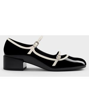 Charles & Keith Patent Contrast-Trim Double-Strap Mary Jane Court Shoes - Black