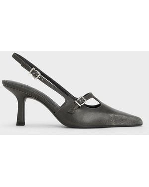 Charles & Keith T-Bar Pointed-Toe Slingback Court Shoes - Black