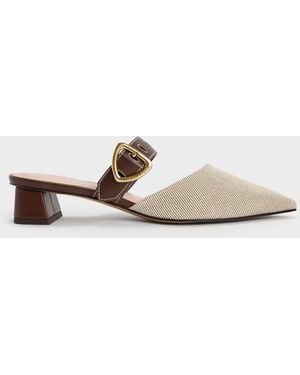 Charles & Keith Sepphe Twill Buckle-Strap Heeled Mules - White
