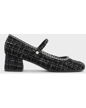 Charles & Keith Tweed Braided-Chain Block-Heel Mary Jane Court Shoes - Black