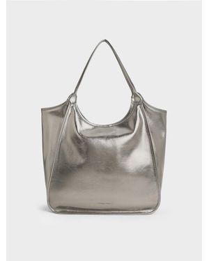 Charles & Keith Sianna Metallic Crinkle-Effect Slouchy Tote Bag - Grey