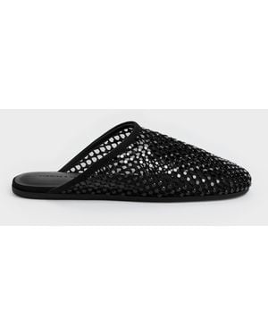 Charles & Keith Maggie Mesh Crystal Flat Mules - Black
