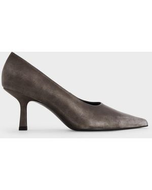 Charles & Keith Metallic Pointed-Toe Kitten-Heel Court Shoes - Grey