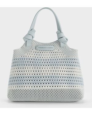 Charles & Keith Mini Ida Checkered Knitted Tote Bag - Blue
