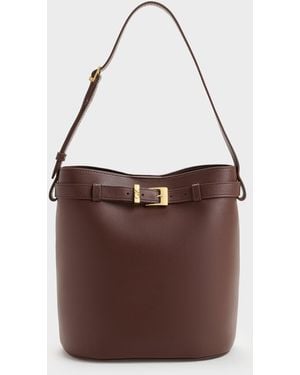Charles & Keith Jody Leather Belted Bucket Bag - Brown