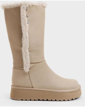 Charles & Keith Floyd Faux Suede Fur-Trim Platform Boots - White