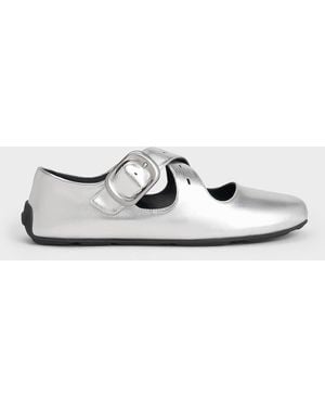Charles & Keith Metallic Crossover-Strap Mary Janes - White