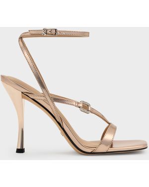 Charles & Keith Metallic Leather Crystal-Buckle Ankle-Strap Heels - White
